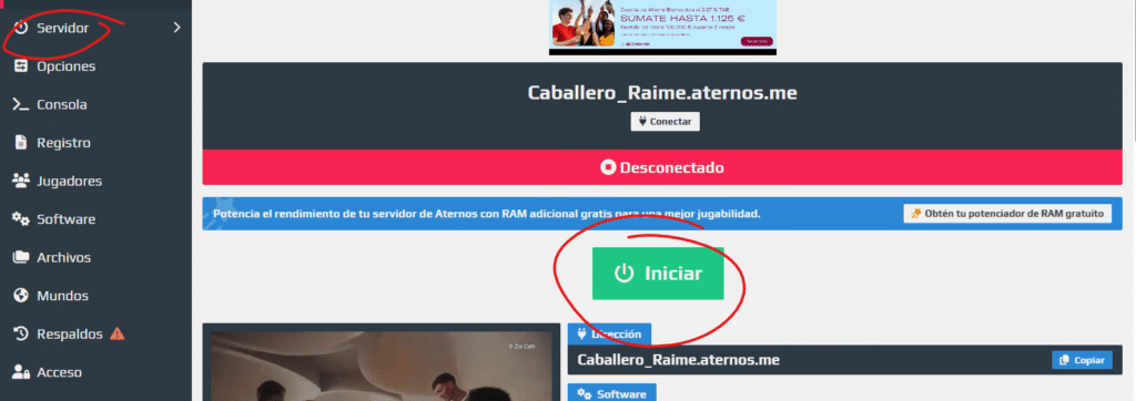 Inicia el servidor de minecraft en Aternos